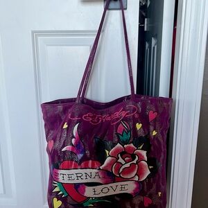 Ed Hardy Tote Bag “Eternal Love”💕 Pinkish Purple Silver Hearts 2 Handles
